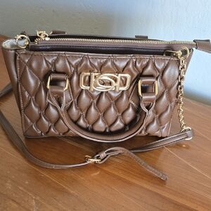 bebe Brown Quilted Crossbody Bag with Gold Accents